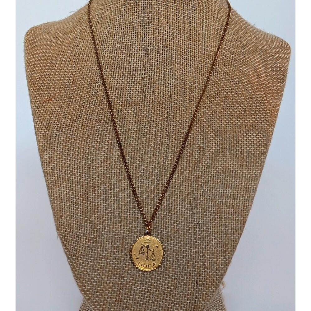 Vintage Goldtone Zodiac Libra Coin Pendant Necklace 18 in